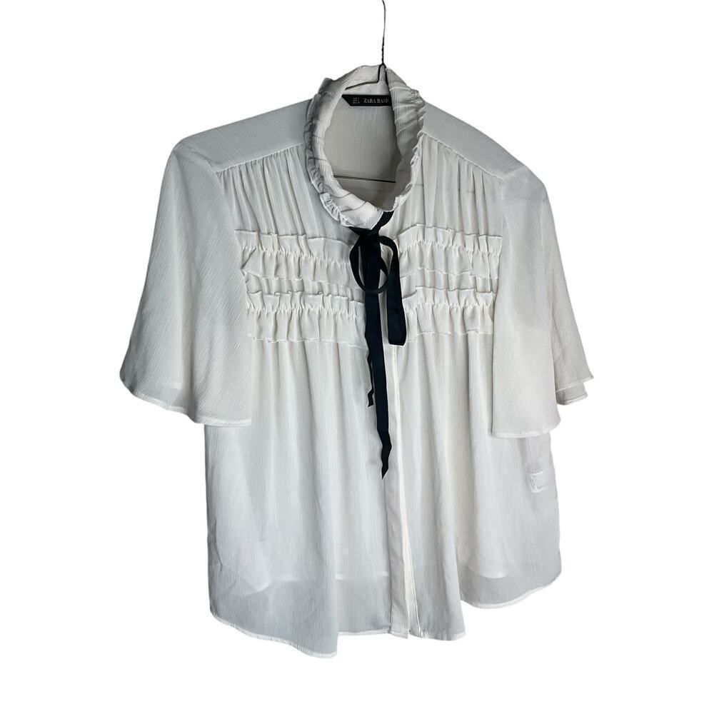 Zara Basics Button Up Blouse Ruffle Front Ribbon Neck Tie Ivory Womens Large